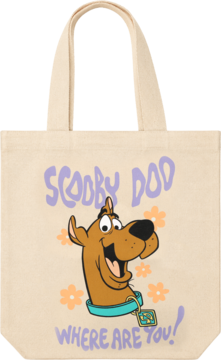 Beżowa torba Scooby Doo z wizerunkiem uśmiechniętego psa i fioletowym napisem "WHERE ARE YOU!". Kwiatowe detale.
