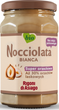 Nocciolata Bianca bio, krem orzechowy z 30% orzechów laskowych, bez oleju palmowego, w szklanym słoiku. Widok z przodu.