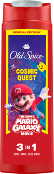 Czerwony żel Old Spice Mario Cosmic Quest 3w1, przód butelki z Mario, napis 'Special Edition'.