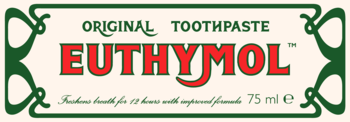 Euthymol Original Toothpaste label, red logo, green text and ornate border, 12h fresh breath, 75ml.