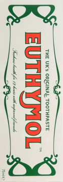 Białe opakowanie pasty do zębów Euthymol, czerwony napis, zielone ornamenty i tekst "UK's Original Toothpaste".
