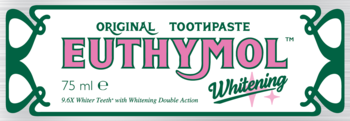 Etykieta oryginalnej pasty do zębów Euthymol Whitening, 75ml. Zielono-biała, z różowym logo i napisem 'Whitening'.