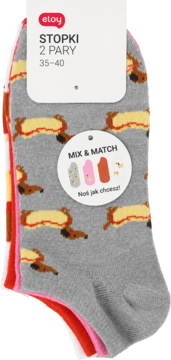 Eloy Stopki mix and match z motywem hot dogów, 2 pary 35-40, szare, widok z przodu.