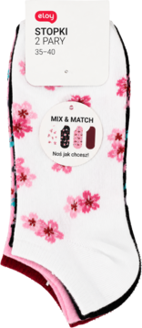 Eloy Stopki mix and match wiśnia, 2 pary, r. 35-40. Białe skarpetki z różowymi kwiatami, widok z przodu.