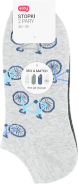 Eloy Stopki mix and match 2 pary 40-45, szare skarpety z niebieskimi rowerami, widok z przodu.