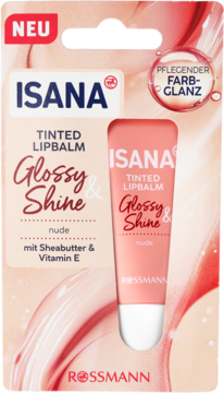 Nowy ISANA Tinted Lipbalm Glossy & Shine Nude w różowym blistrze, z masłem shea i witaminą E.