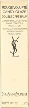 Beżowy balsam do ust Yves Saint Laurent Rouge Volupté Candy Glaze Double Care Balm, z logo YSL.