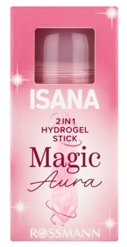 Różowe pudełko ISANA 2 IN 1 HYDROGEL STICK Magic Aura z przezroczystym otworem na sztyft. Widok z przodu, logo Rossmann.