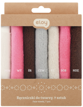 Eloy ręczniki do twarzy, 7 sztuk, w kartonowym pudełku, zwinięte w bieli, różu, brązie i szarości.