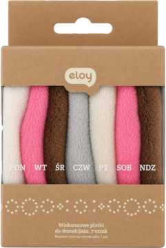 7 wielorazowych płatków Eloy do demakijażu, kolorowe i puszyste, z dniami tygodnia, w brązowym pudełku.