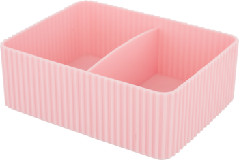 Różowy organizer prostokątny z dwoma przegródkami, boki ryflowane. Widok z góry.