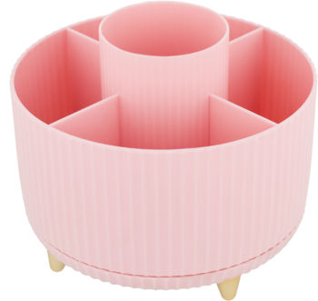 Różowy organizer obrotowy na biurko z sześcioma przegródkami, pionowymi żłobieniami i drewnianymi nóżkami. Widok z góry.