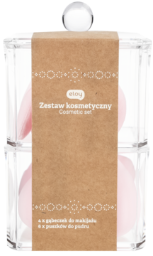 Eloy Zestaw kosmetyczny: 4 różowe gąbeczki do makijażu i 6 puszków w przezroczystym, dwupoziomowym pojemniku.