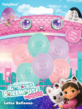 Balony lateksowe Koci Domek Gabi, 6 sztuk, w pastelowych kolorach (róż, mięta, lila), z Gabby i Łakotkiem, w opakowaniu.