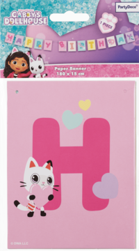 Baner Koci Domek Gabi Happy Birthday, różowy, z postacią Pandy Paws, widoczny w części opakowania, 180x15cm.