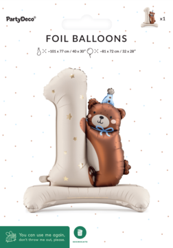 Balon foliowy "1" beżowy ze złotymi gwiazdkami i brązowym misiem w niebieskim kapeluszu, widok z przodu.