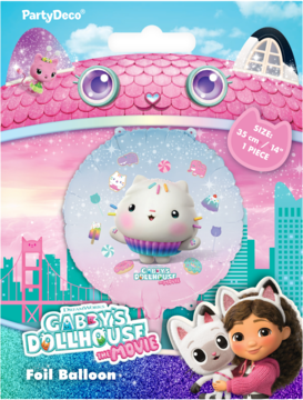 Balon foliowy Gabby's Dollhouse Łakotek, okrągły z postacią i słodyczami, w opakowaniu domku kota, 35cm.