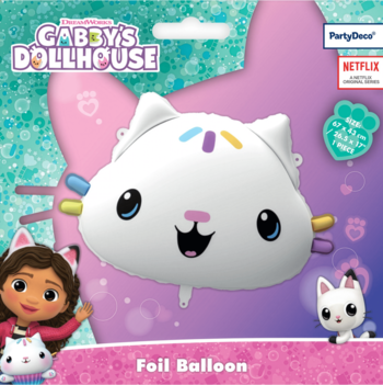 Gabby's Dollhouse biały balon foliowy Łakotek, z kolorowymi posypkami, w opakowaniu z logo Netflix, widok z przodu.