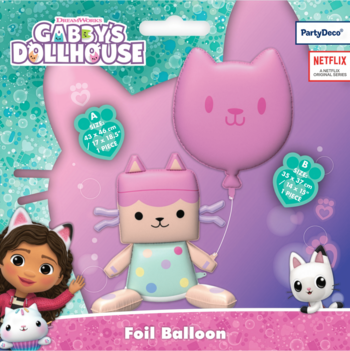 Zestaw balonów foliowych Gabby's Dollhouse: Tekturzątko w kropki i różowy balon kotek, widok na opakowaniu.