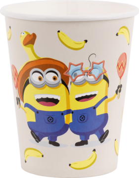 Jednorazowy beżowy kubeczek papierowy Minionki 250ml, z wesołymi Minionkami i bananami na froncie.