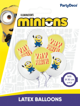 Pakiet 6 lateksowych balonów Minionki 30 cm. Zawiera białe z Minionkami i żółte "YAY PARTY!" w folii.