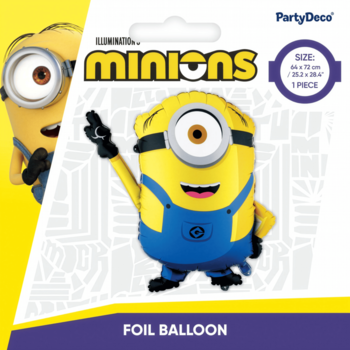 Balon foliowy Minionek Mel, żółto-niebieski, w opakowaniu. Uśmiechnięty, jedo-oki Minion z uniesioną ręką.