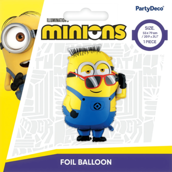 Balon foliowy Minionek Ron, żółto-niebieski w okularach, widok z przodu w oryginalnym opakowaniu.