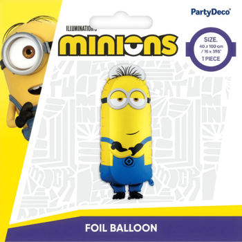 Balon foliowy Minionek Tim w opakowaniu PartyDeco, żółto-niebieski, z jednym okiem i srebrnymi goglami. Widok z przodu produktu.