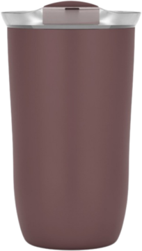 Ciemnobrązowy kubek wysoki 350ml z zamykanym ustnikiem silikonowym. Widok z przodu, lekko pod kątem.