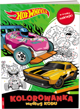 Hot Wheels Kolorowanka według kodu z samochodami i naklejkami. Okładka: żółte auto, auto-pączek, zielone tło.