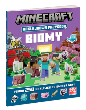 Książka Minecraft Naklejkowa Przygoda Biomy. Fioletowa okładka z postaciami i stworzeniami z gry, pionowo.