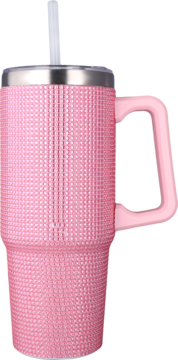 Eloy Kubek 800 ml, jasnoróżowy, pokryty kryształkami, z uchwytem i słomką, widok z boku.
