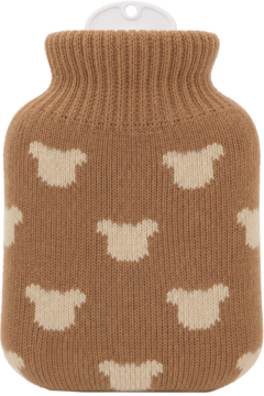 Eloy Mini Termofor 300ml, brązowy termofor w dzianinowym pokrowcu z motywem białych owieczek, widok z przodu.