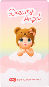 Pudełko Eloy Figurka Dreamy Angel, różowo-tęczowe, z bobasem w czapce misia na chmurce. Widok z przodu.