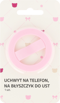 Różowy okrągły uchwyt na telefon i błyszczyk Eloy w blistrze, z przodu na tle z misiami.