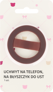 Eloy uchwyt na telefon do błyszczyka, okrągły, czekoladowy, w blistrze z tłem w misie, widok z przodu.