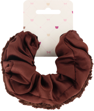 Eloy brązowa satynowa scrunchie, marszczona, z koronkową lamówką, zawieszona na białym kartoniku z wzorem.