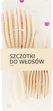 Eloy zestaw 2 beżowych szczotek do włosów w opakowaniu, jedna z rączką, druga owalna do masażu skóry głowy.