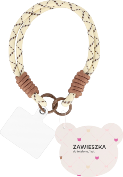Eloy Uchwyt do telefonu: beżowa pleciona smycz z brązowymi detalami, białą wkładką i metką w kształcie misia.