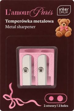 Różowa metalowa temperówka L'amour Paris z dwoma otworami, w brązowym opakowaniu z różowymi zdobieniami.