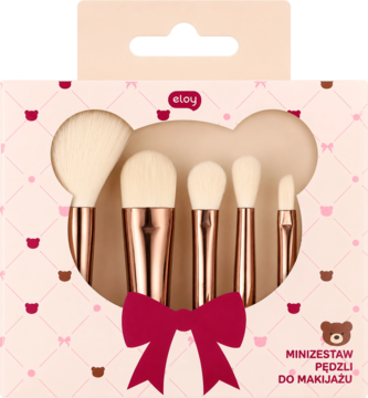 Eloy mini zestaw 5 pędzli do makijażu z rose gold rączkami, w uroczym różowym pudełku z wycięciem misia.