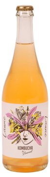 Kombucha Laurent Laurie, bursztynowy napój w butelce, artystyczna etykieta z motywem twarzy i liści, widok z przodu.