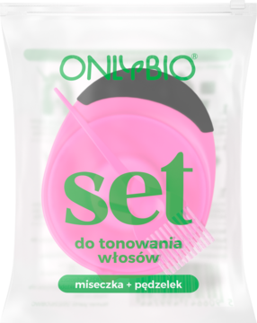 ONLYBIO zestaw do tonowania włosów, różowa miseczka i pędzelek w przezroczystej saszetce, widok z przodu.