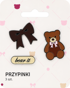 Zestaw 3 pinów Eloy 'bear it': brązowy miś z kokardą, ciemna kokardka i napis 'bear it' na beżowej plakietce.