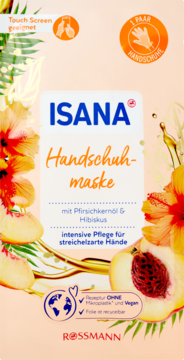 Isana Handschuhmaske z brzoskwinią i hibiskusem, do intensywnej pielęgnacji dłoni, na tle z brzoskwiniami. Widok z przodu.