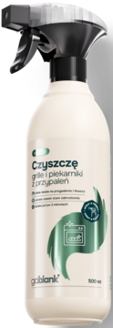 goblank płyn do czyszczenia grilli i piekarników, biała butelka z czarnym atomizerem, widok z przodu.