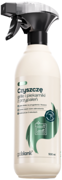 Biała butelka Goblank Czyszczę grille i piekarniki 500ml z czarnym spryskiwaczem, front-boczny widok.