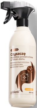 Biały spray do czyszczenia Goblanik 500ml o zapachu pomarańczy, z czarnym atomizerem, widok z przodu.