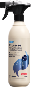 Goblank Czyszczę naloty mineralne spray 500ml, jasna butelka, czarny spryskiwacz.