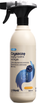 Goblank Czyszczę szyby i lustra na błysk, spray o zapachu pomarańczy, kremowa butelka, pod kątem.